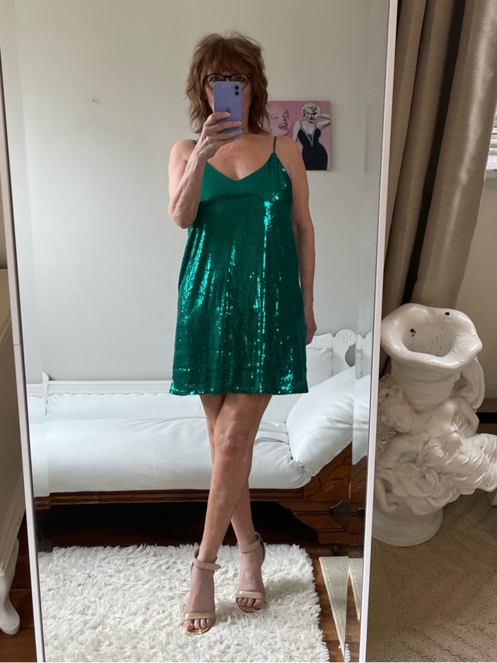 NWOT A NEW DAY GREEN SHEER SEQUIN TANK DRESS LINED ADJUSTABLE STRAPS OPEN FIT